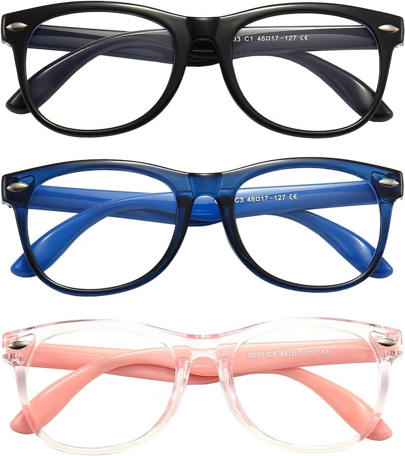 FANNYGO Store Kids Blue Light Blocking Glasses 3 Pack Fanngo Kids Computer Reading Glasses for Boys And Girls Age 3-9 (Black + Dark blue + Light powder) - Image 2